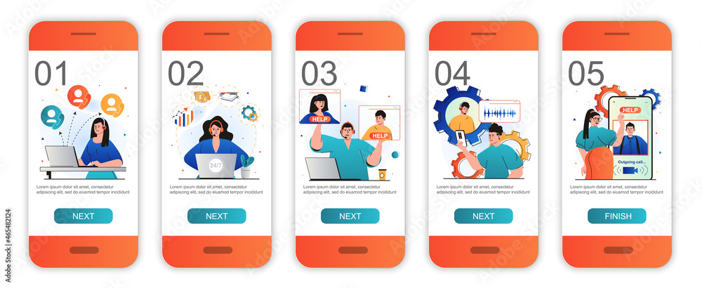 Customer service concept onboarding screens for mobile app templates. Answer calls and messages. Modern UI, UX, GUI screens user interface kit with people scenes for web design. Vector illustration