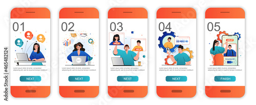 Customer service concept onboarding screens for mobile app templates. Answer calls and messages. Modern UI, UX, GUI screens user interface kit with people scenes for web design. Vector illustration