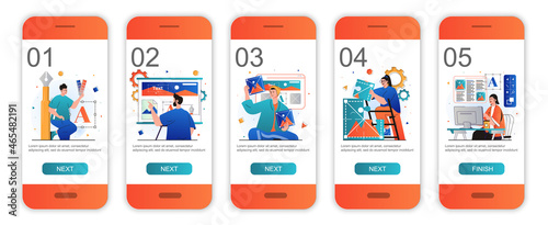 Design studio concept onboarding screens for mobile app templates. Designers draw layout elements. Modern UI, UX, GUI screens user interface kit with people scenes for web design. Vector illustration