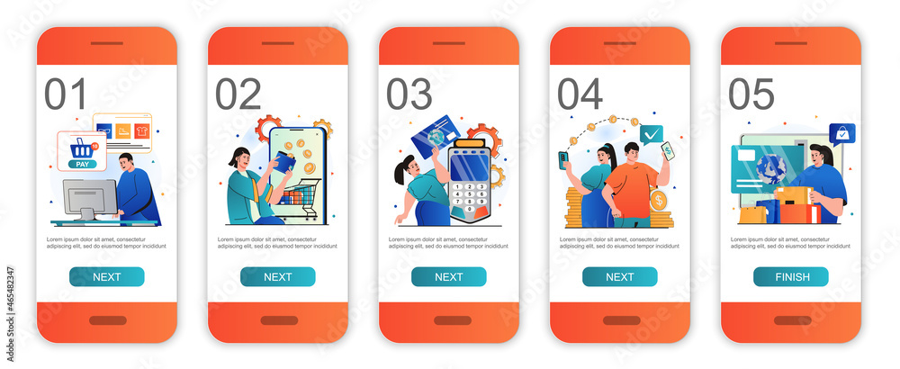 Online payment concept onboarding screens for mobile app templates. Customers make transactions. Modern UI, UX, GUI screens user interface kit with people scenes for web design. Vector illustration