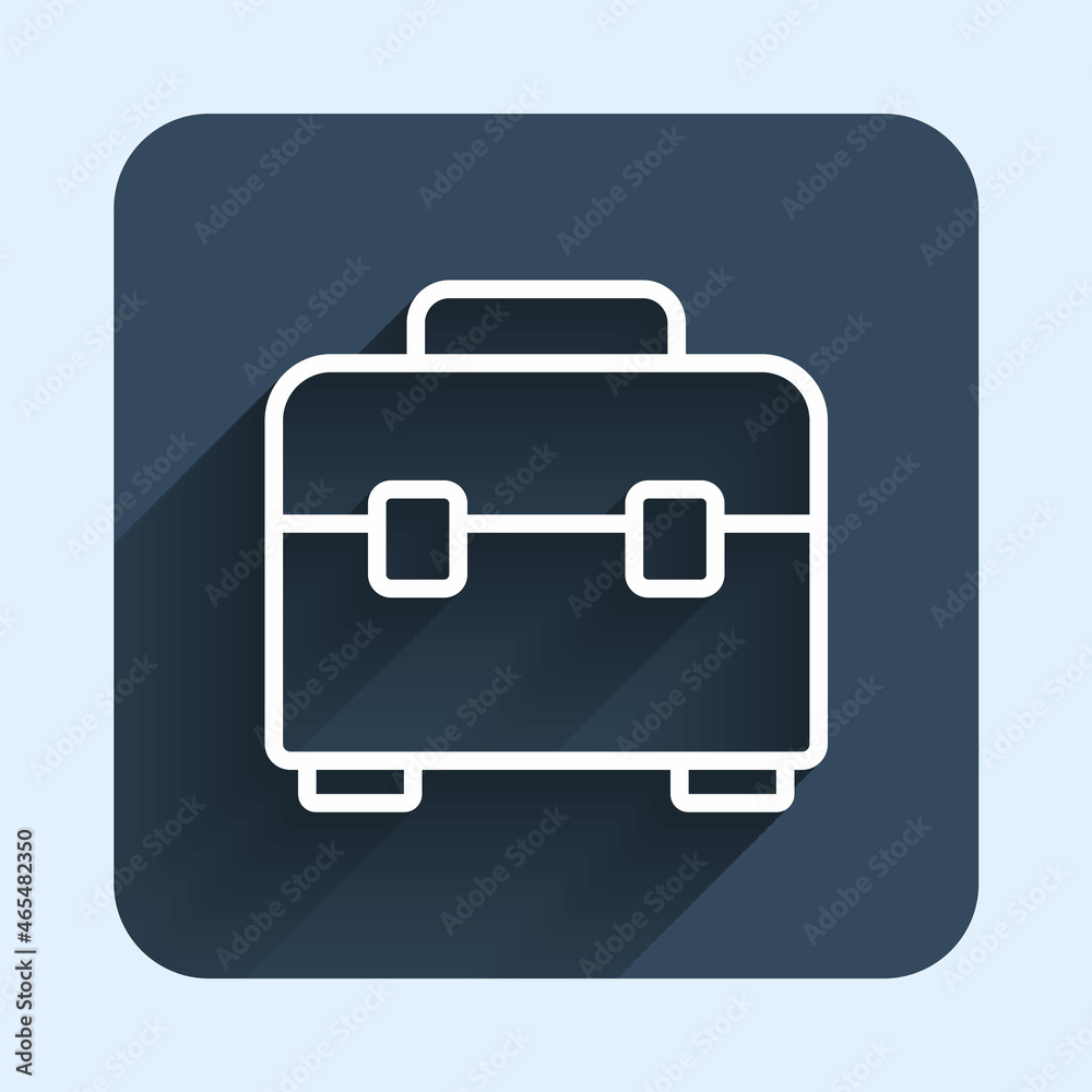 White line Toolbox icon isolated with long shadow background. Tool box sign. Blue square button. Vector White line Toolbox icon isolated with long shadow background. Tool box sign. Blue square button. Vector