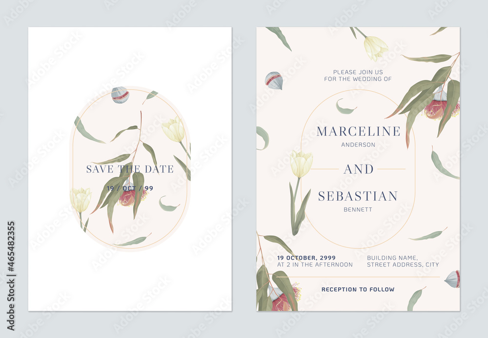 Floral wedding invitation card template design, Eucalyptus rhodantha and tulips on brown