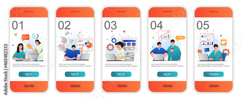 Office work concept onboarding screens for mobile app templates. Colleagues doing tasks, paperwork. Modern UI, UX, GUI screens user interface kit with people scenes for web design. Vector illustration