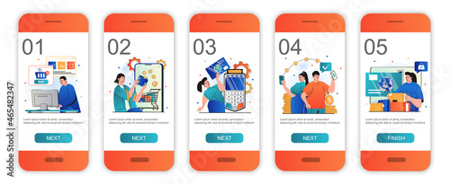 Online payment concept onboarding screens for mobile app templates. Customers make transactions. Modern UI, UX, GUI screens user interface kit with people scenes for web design. Vector illustration