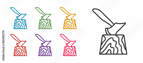 Set line Wooden axe in stump icon isolated on white background. Lumberjack axe. Axe stuck in wood. Chopping wood. Set icons colorful. Vector