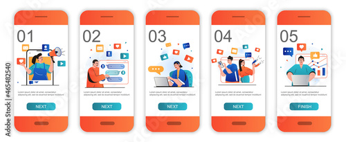 Social media marketing concept onboarding screens for mobile app templates. Online promotion. Modern UI, UX, GUI screens user interface kit with people scenes for web design. Vector illustration