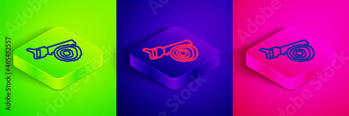 Isometric line Hand saw and log icon isolated on green, blue and pink background. Square button. Vector