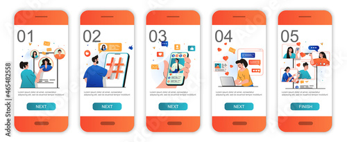 Social network concept onboarding screens for mobile app templates. Users communicate online. Modern UI, UX, GUI screens user interface kit with people scenes for web design. Vector illustration