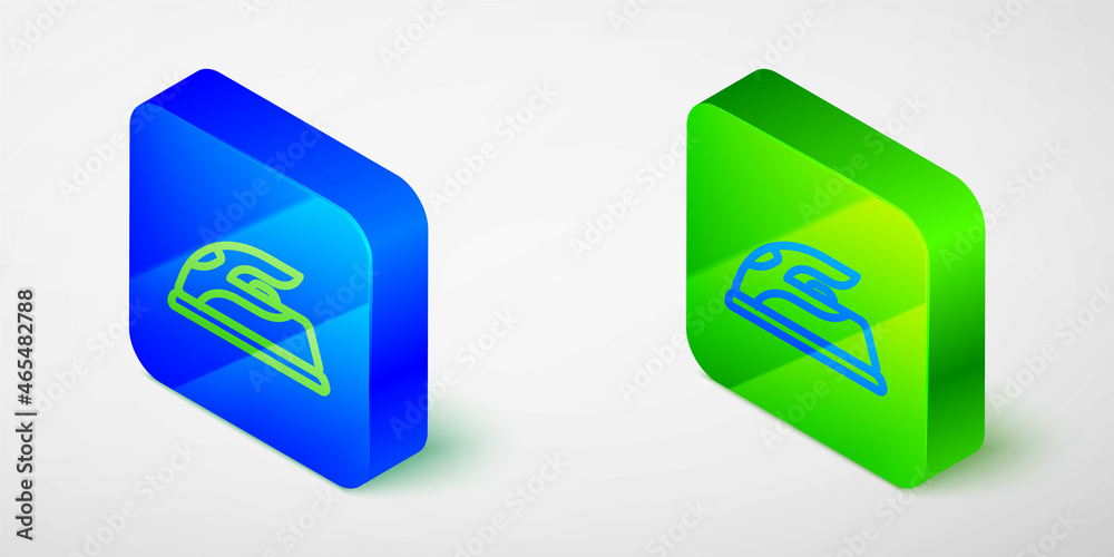 Isometric line Electric iron icon isolated on grey background. Steam iron. Blue and green square button. Vector Isometric line Electric iron icon isolated on grey background. Steam iron. Blue and green square button. Vector