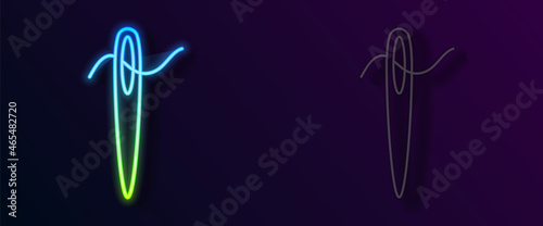 Glowing neon line Needle for sewing with thread icon isolated on black background. Tailor symbol. Textile sew up craft sign. Embroidery tool. Vector