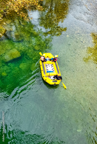 voidomatis river in aristi village trees rafting boats in autumn season