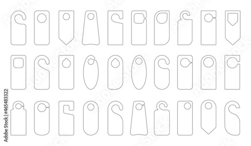 Hotel door hanger tags outline template icon signs set flat style design vector illustration. Empty door flyer or do not disturb mock up isolated on white background. photo