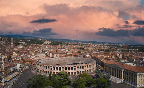 Verona, Italy aerial view of the historic city. Aerial panorama of Piazza Bra in Verona. Monument to Unesco Arena di Verona top view.