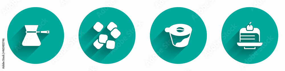 Set Coffee turk, Sugar cubes, Pour over coffee maker and Piece cake icon with long shadow. Vector Set Coffee turk, Sugar cubes, Pour over coffee maker and Piece cake icon with long shadow. Vector