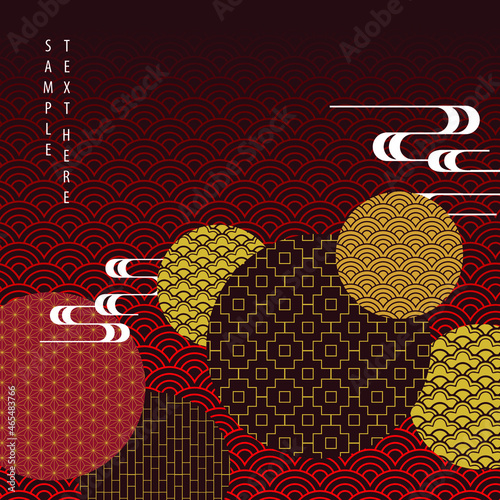 Traditional chinese red background, Oriental design, wave, cloud, chinese, Background template with chinese pattern in red, Asian decorative elements, Vintage geometric