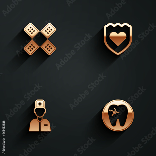 Set Crossed bandage plaster, Immune system, Male doctor and Tooth with caries icon with long shadow. Vector