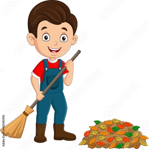 Cartoon boy gardener raking leaves