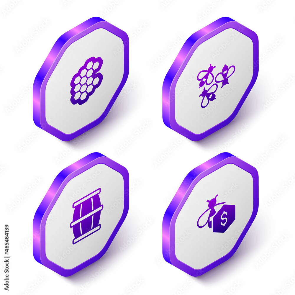 Set Isometric Honeycomb, Bees, Wooden barrel with honey and Sale of bees icon. Purple hexagon button. Vector Set Isometric Honeycomb, Bees, Wooden barrel with honey and Sale of bees icon. Purple hexagon button. Vector