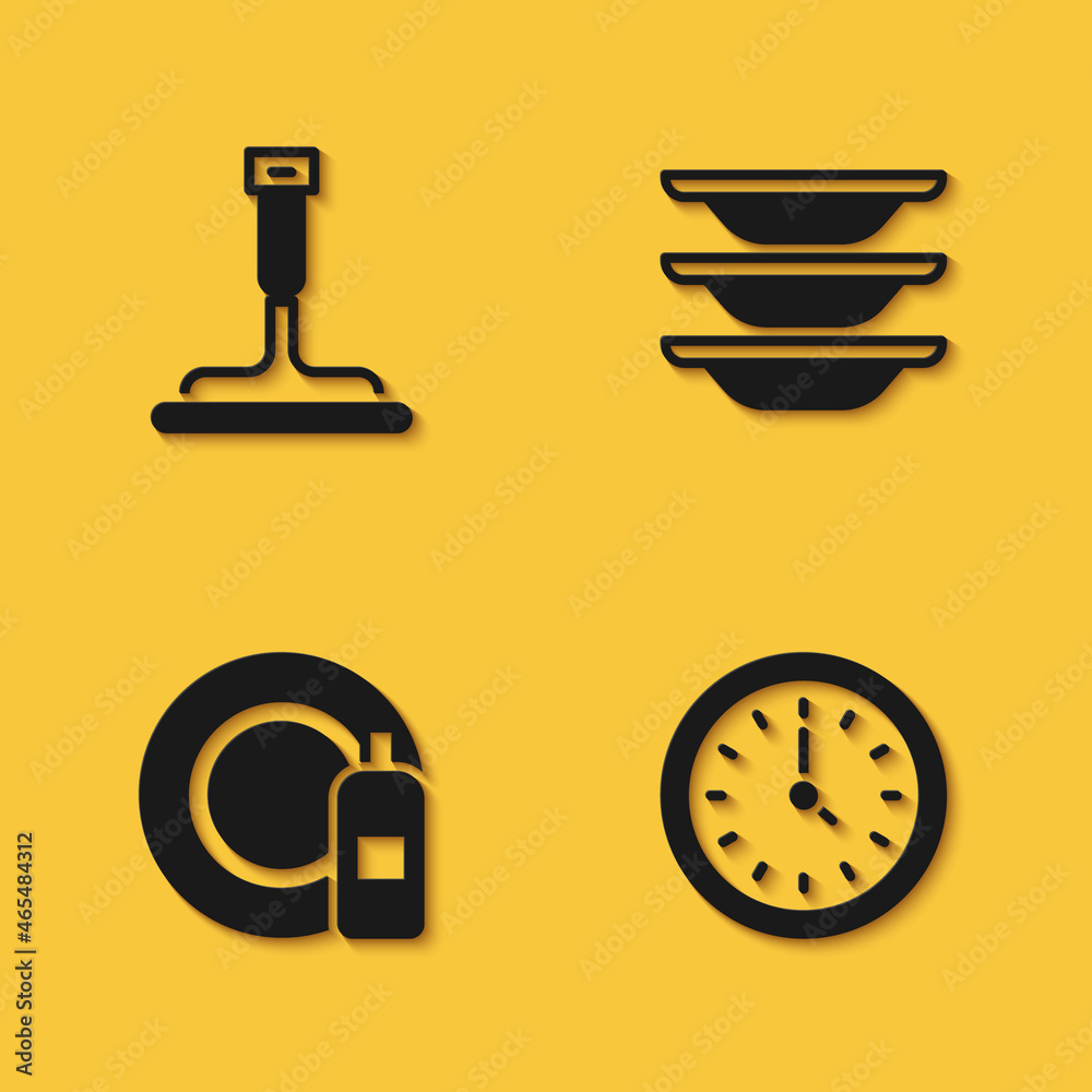 Set Rubber cleaner for windows, Clock, Dishwashing bottle and plate and Washing dishes icon with long shadow. Vector Set Rubber cleaner for windows, Clock, Dishwashing bottle and plate and Washing dishes icon with long shadow. Vector