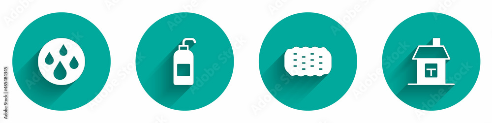 Set Water drop, Antibacterial soap, Sponge and House icon with long shadow. Vector Set Water drop, Antibacterial soap, Sponge and House icon with long shadow. Vector