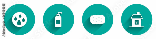 Set Water drop, Antibacterial soap, Sponge and House icon with long shadow. Vector