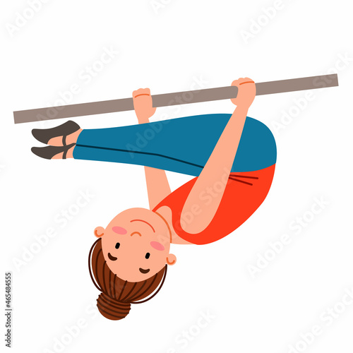 Childrenes sports gymnastics. The girl is hanging on the crossbar in the bend position. Acrobatics on a sports equipment. Vector illustration in a flat style on a white isolated background.