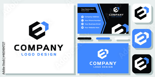 Initial Letter E Hexagon Arrow Forward Success logo design inspiration with Layout Template Business Card
