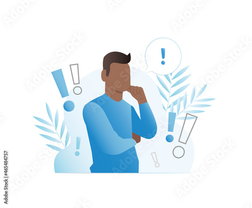 Vector man with exclamation marks. Boy on Internet is surprised, outraged by notification. Symbol of attention, danger. FAQ. Frequently asked Questions. Hotline, support service for those in need.