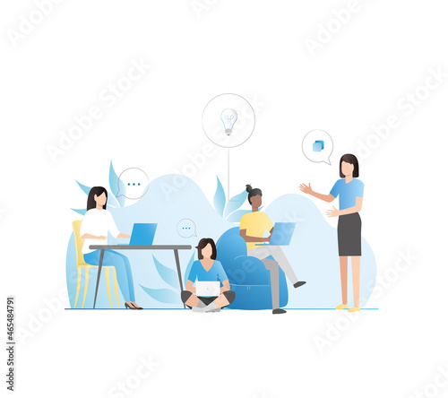 Meeting, gathering, conference of creative business people. Vector woman tells ideas, plans, thoughts. Working relaxed atmosphere. Team working, talking on business. Discussion of strategic planning.