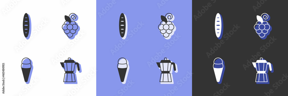 Set Coffee maker moca pot, French baguette bread, Ice cream in waffle and Grape fruit icon. Vector Set Coffee maker moca pot, French baguette bread, Ice cream in waffle and Grape fruit icon. Vector