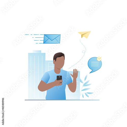 Man stands in city with smartphone, waves his hand. Guy writes, sends, receives text online SMS messages in smartphone. Communication in messengers on Internet. Boy launches paper airplane to contact.