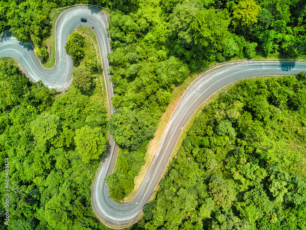 Winding road trough forest, mountain pass, aerial view