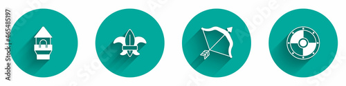 Set Castle tower, Fleur de lys or lily flower, Medieval bow and arrow and Round shield icon with long shadow. Vector