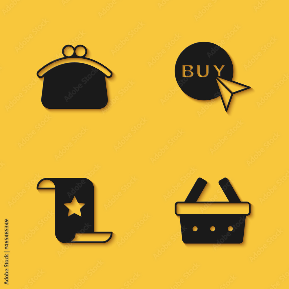Set Wallet, Shopping basket, Paper check and financial check and Buy button icon with long shadow. Vector Set Wallet, Shopping basket, Paper check and financial check and Buy button icon with long shadow. Vector