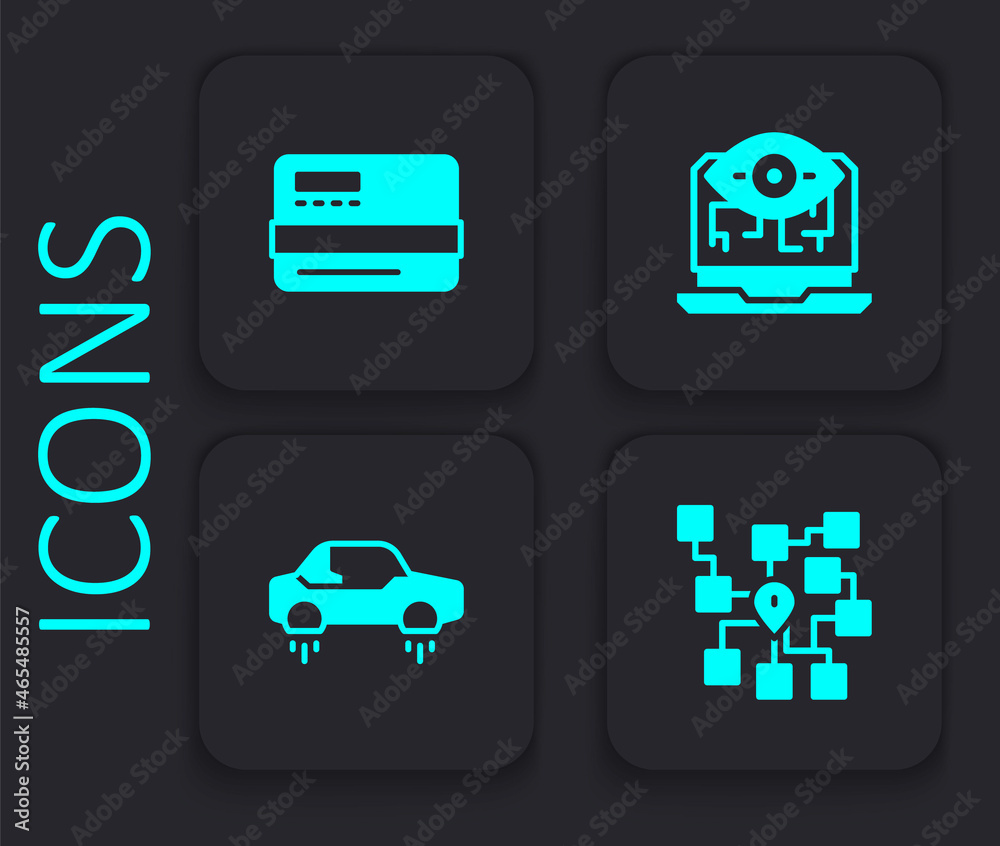 Set Neural network, Credit card, Computer vision and Fantastic flying icon. Black square button. Vector