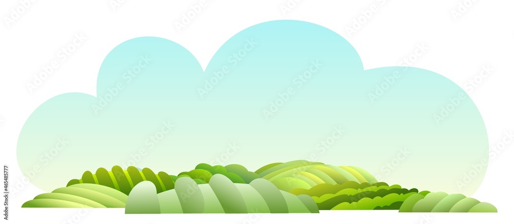 Obraz premium Rural garden hills. Farm cute landscape. Funny cartoon design illustration. Flat style. Isolated on white background. Summer sky. Vector.