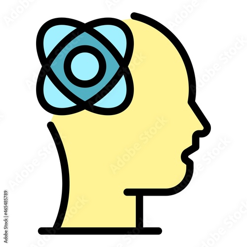 Atom with orbits in the head icon. Outline atom with orbits in the head vector icon color flat isolated