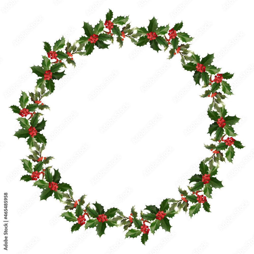 Christmas wreath with red holly berries and leaves