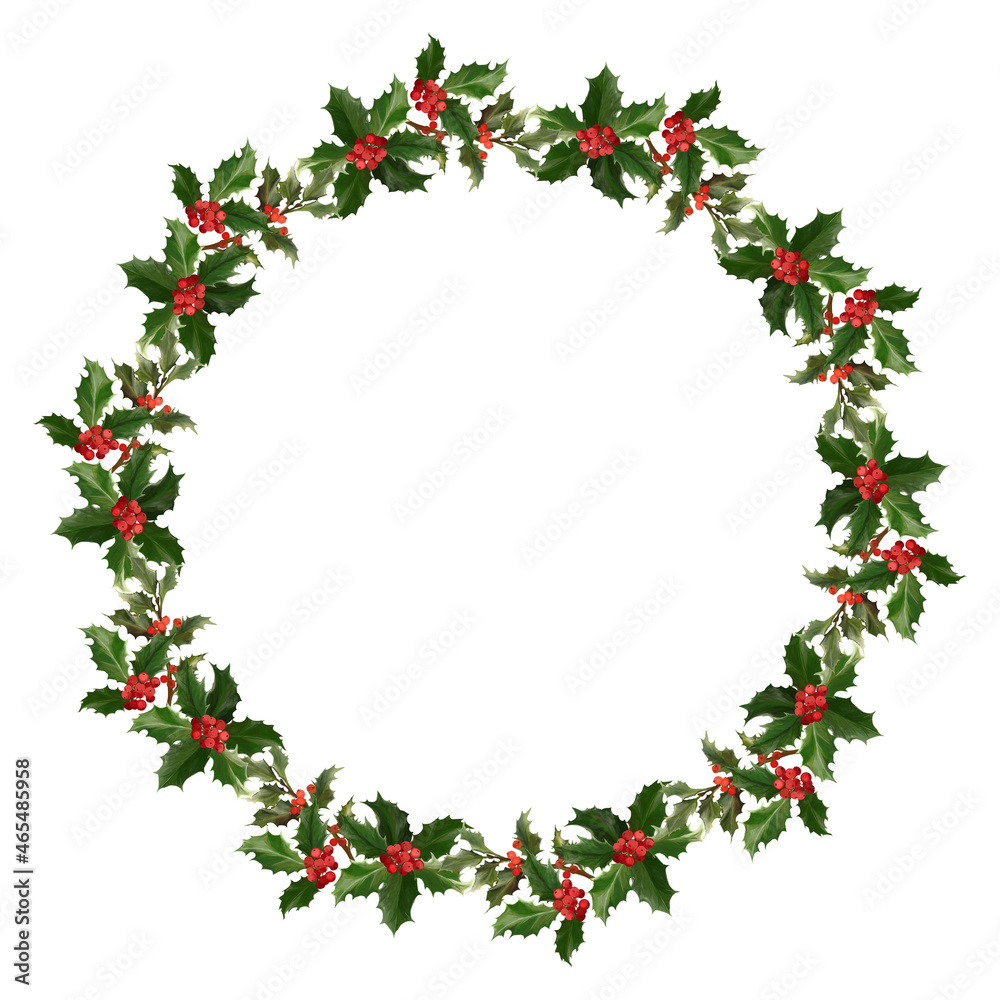 Christmas wreath with red holly berries and leaves Christmas wreath with red holly berries and leaves