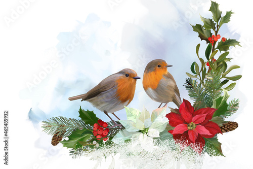 Fotografie, Obraz Pre-made Christmas background with robin birds on a branches