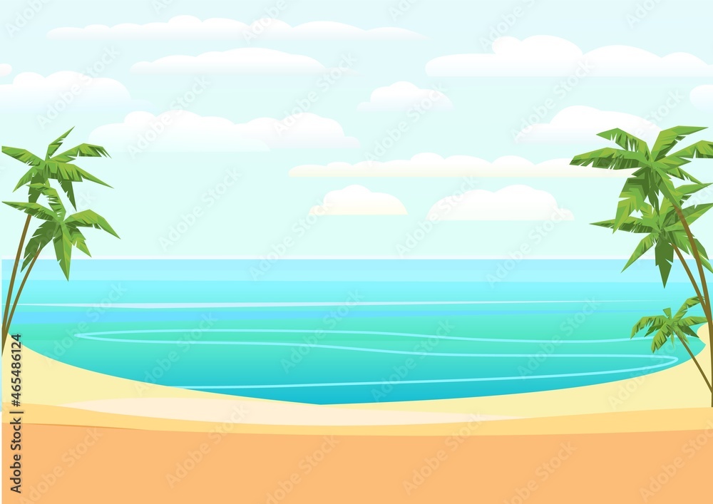 Sea beach. Summer seascape. Far away is the ocean horizon. Calm weather. Flat style illustration. Vector.