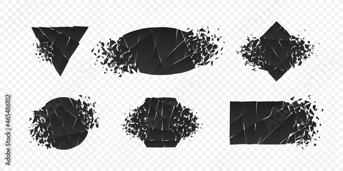 Shape explosion broken and shattered flat style design vector illustration set isolated on transparent background. Rhombus, hexagon, triangle, hexagon, rectangle shape grayscale exploding demolition.