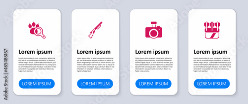 Set Quiver with arrows, Photo camera, Hunting gun and Paw search. Business infographic template. Vector