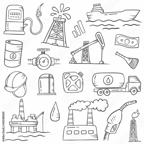 oil and gas industry doodle hand drawn set collections with outline black and white style