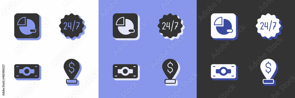 Set Cash location pin, Pie chart infographic, Stacks paper money cash and Clock 24 hours icon. Vector Set Cash location pin, Pie chart infographic, Stacks paper money cash and Clock 24 hours icon. Vector