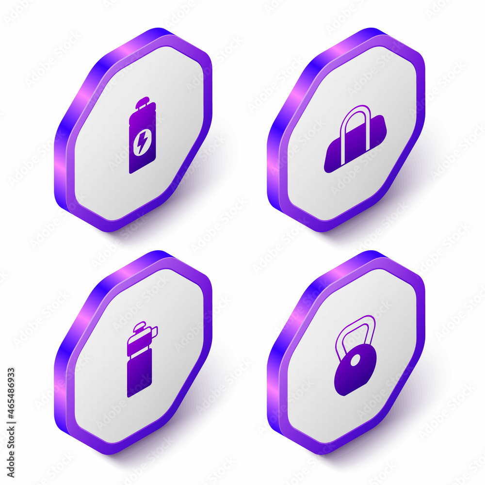 Set Isometric Fitness shaker, Sport bag, and Weight icon. Purple hexagon button. Vector Set Isometric Fitness shaker, Sport bag, and Weight icon. Purple hexagon button. Vector