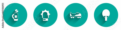 Set Golf bag with clubs, Punch in boxing gloves, Football shoes and Racket icon with long shadow. Vector