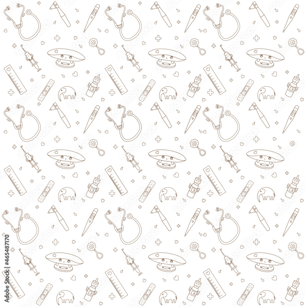 Pediatrics pattern with medical items stylised like characters 