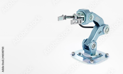 Robot arm with hand grip and powersupply for manufacturing industrial plant on isolated white background. Technology and Futuristics concept. Artificial intelligence and Iot. 3D illustration rendering