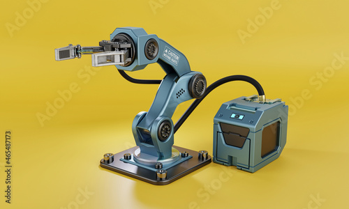 Robot arm with hand grip and powersupply for manufacturing industrial plant on yellow background. Technology and Futuristics concept. Artificial intelligence and Iot. 3D illustration rendering